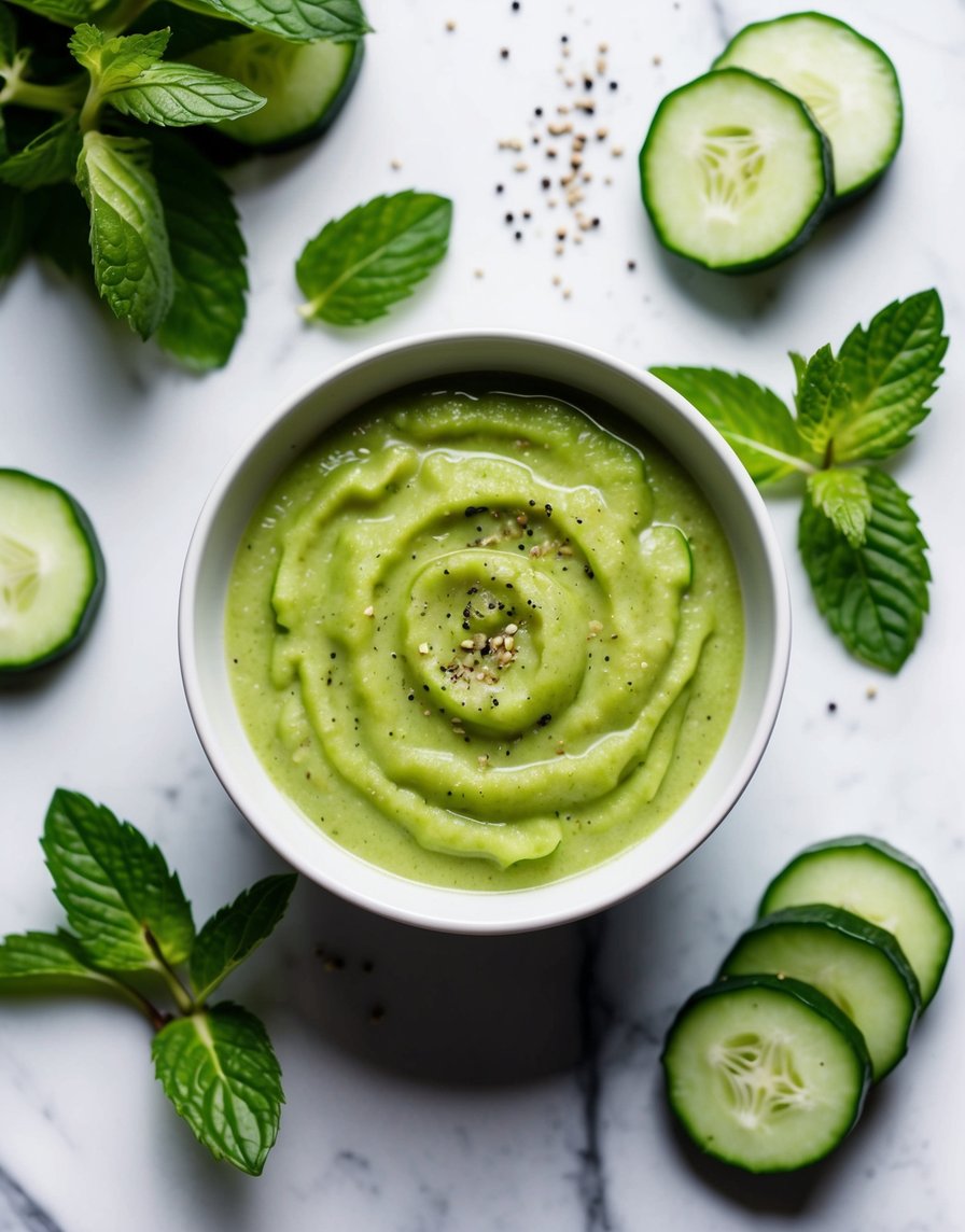 A bowl of refreshing cucumber gazpacho surrounded by sliced cucumbers, mint leaves, and a sprinkle of black pepper