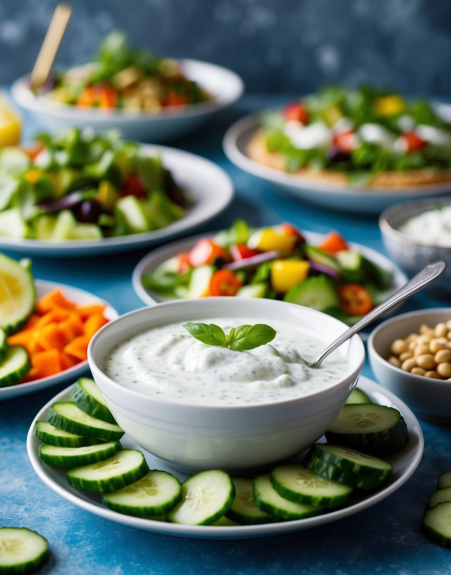 A bowl of tzatziki sauce surrounded by sliced cucumbers, with various healthy dishes in the background such as salads, wraps, and veggie platters