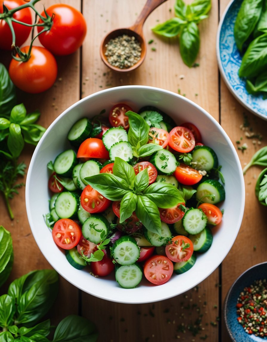 A vibrant bowl of cucumber, tomato, and basil salad sits on a wooden table surrounded by fresh ingredients and a colorful mix of herbs and spices