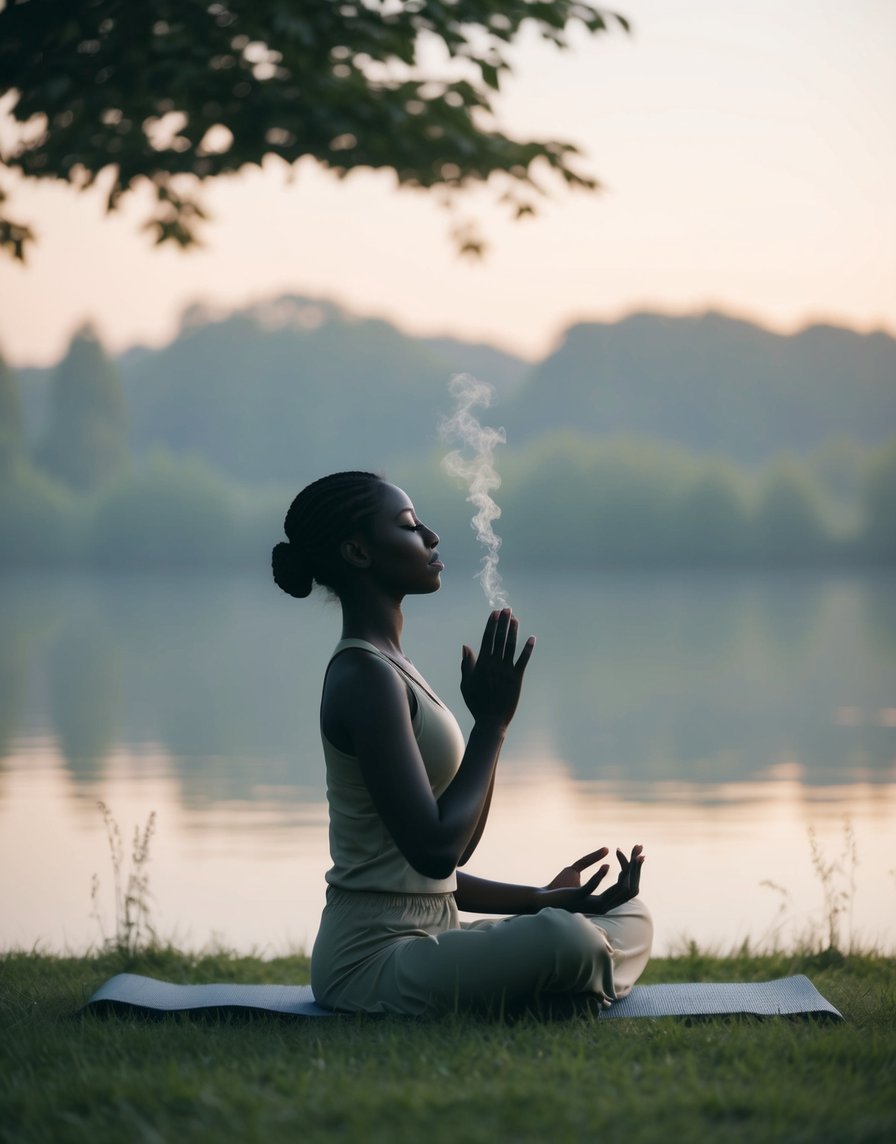 A serene setting with a peaceful atmosphere. A figure, perhaps an animal or nature scene, practicing deep breathing exercises in a calm and controlled manner