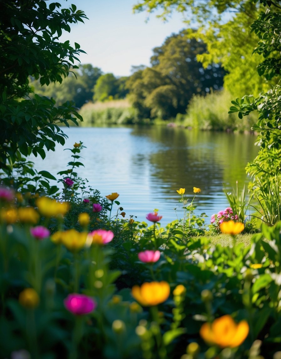 A serene outdoor setting with a calm body of water, surrounded by lush greenery and colorful flowers. The sun is shining and there is a sense of peace and tranquility in the air