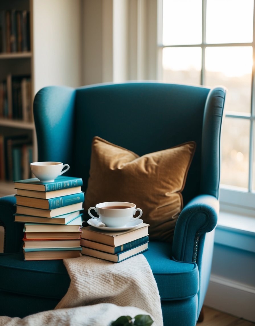 A cozy armchair surrounded by a stack of books, a warm cup of tea, and a soft blanket. A sunlit window illuminates the peaceful reading nook