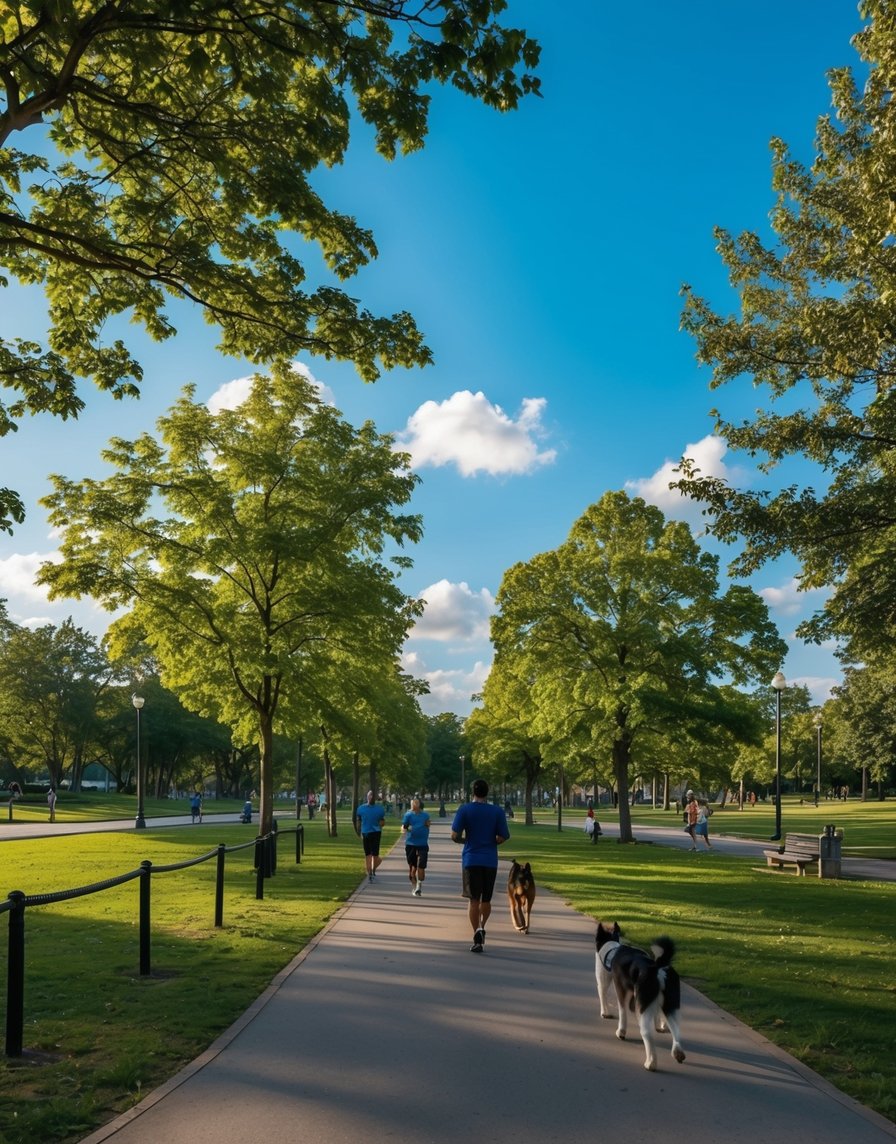 A park with a jogging trail surrounded by trees and greenery. A clear blue sky with a few fluffy clouds. People exercising and walking dogs