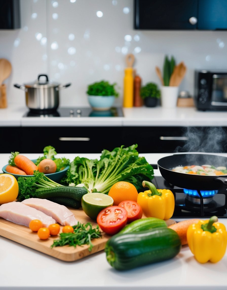 A colorful kitchen with fresh vegetables, fruits, and lean proteins laid out on a clean countertop. A pot of boiling water and a sizzling skillet on the stove