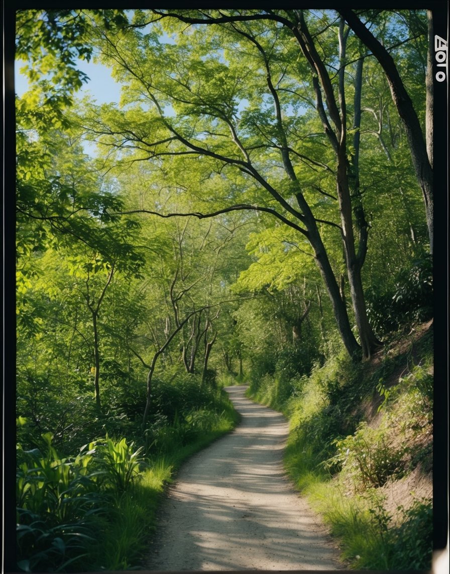 A winding forest path with dappled sunlight filtering through the leaves. A variety of trees, plants, and wildlife can be seen along the trail