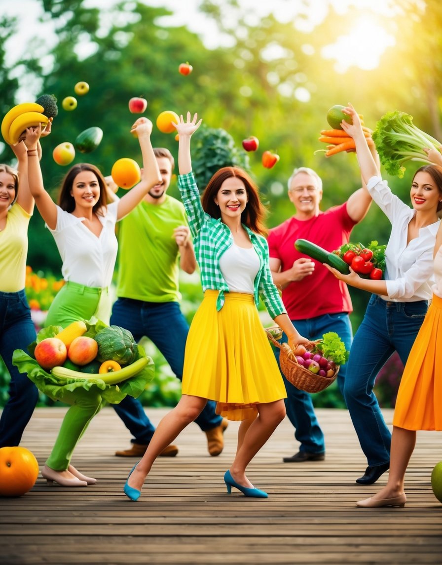 A group of various fruits and vegetables are shown dancing in a lively and joyful manner, representing 15 healthy ways to spend free time