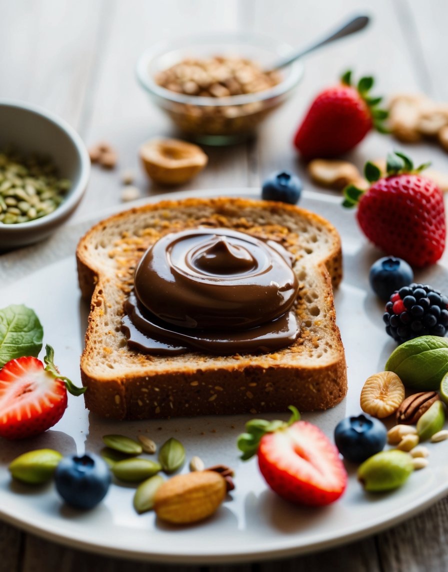 A slice of whole grain toast topped with Nutella and surrounded by a variety of healthy ingredients like berries, nuts, and seeds