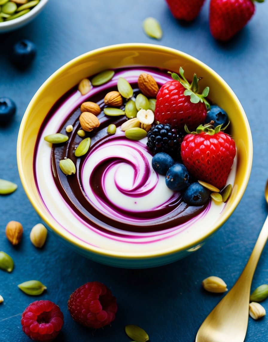 A colorful bowl filled with swirls of Nutella and berry yogurt, topped with fresh berries, nuts, and seeds