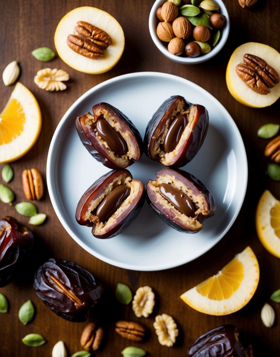 A plate of dates split open to reveal Nutella filling, surrounded by various healthy ingredients like nuts, seeds, and fruit slices