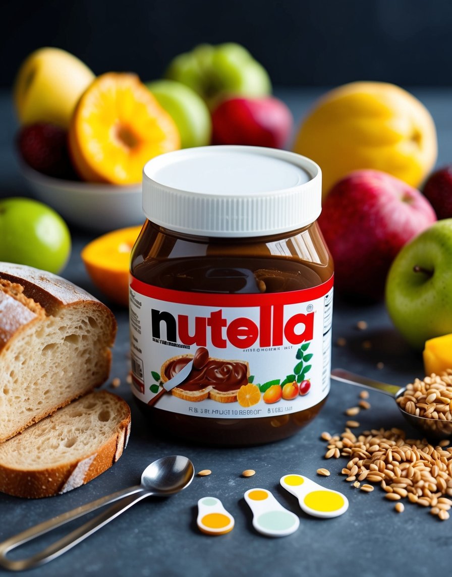 A jar of Nutella surrounded by a variety of fruits and whole grain bread, with a measuring spoon and small portion sizes displayed